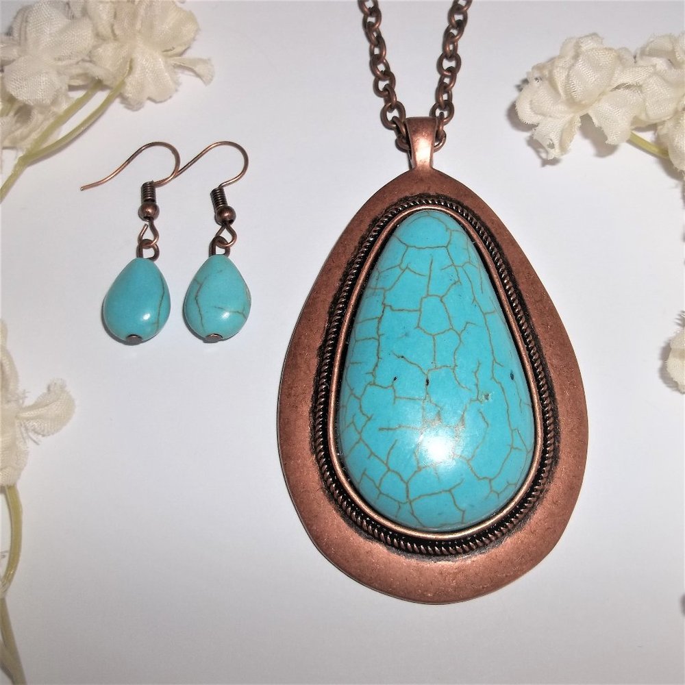 Long Boho Necklace Beaded Earrings Turquoise Blue Copper Jewelry Set Bold A551